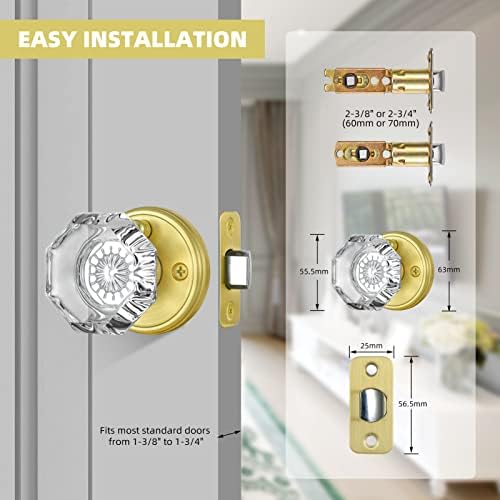 CLCTK Zlatna gumb vrata s bravom, ručice od kristalnih stakla Octagona za unutarnja vrata, funkcija privatnosti, kupaonica spavaća