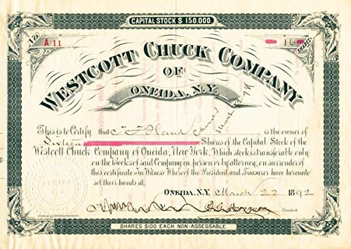 Westcott Chuck Co. iz Oneide, njujorška potvrda o razmjeni