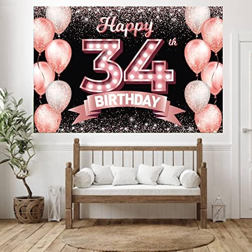 Sretan 34. rođendan pozadina s natpisom od ružičastog zlata Sretan 34. rođendan Baloni s konfetama tematski dekor Ukrasi za žene 34