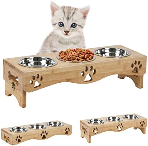 Set zdjela za hranu za mačke, zdjele za kućne ljubimce od nehrđajućeg čelika s drvenim postoljem, hranilica za mačke podesiva po visini