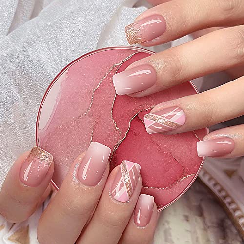 24pcs sjajni kvadratni tisak na noktima Kratki lažni nokti akrilni baletni Francuski gradijentni ružičasti nokti dizajn lažnih noktiju
