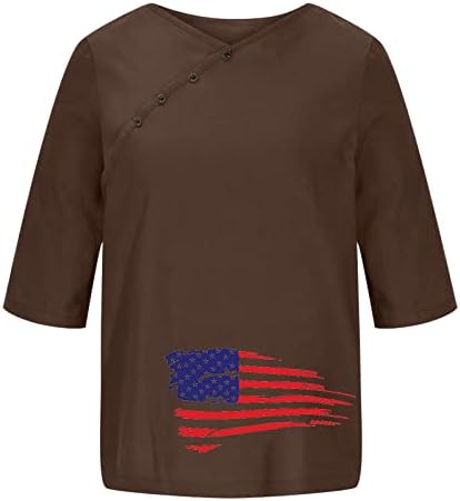 Dan neovisnosti pamučno posteljina Top Women American Flag Print 3/4 Bluza rukava O Neck Gumb 4. srpnja Patriotski majilac