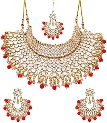 Hrskavi modni tradicionalni Kundan pozlaćeni vjenčani nakit-ogrlica od crvenog bisera