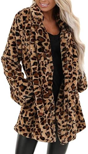 Ženski leopard kaput odmrznih krzna Fuzzy Open prednji kardigans Toplo zimske prevelike odjeće kapute s džepovima