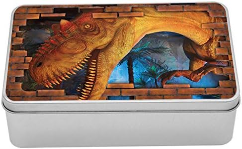 Ambsonne Dinosaur Tin Box, Tyrannosaurus razbija zid od opeke zastrašujući zastrašujući krajolik, napadnu kuću, prijenosni pravokutni