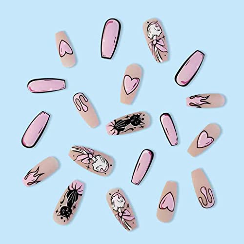 Foccna strip ružičasta tiska na noktima ekstra dugačak, akrilni lažni nokti za lijes crtani dizajn lažni nokti, umjetni nokti za žene