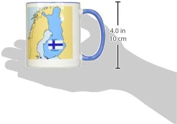 3DROSE MUG_37585_6 Karta i zastava Finske s Finskom tiskanom na engleskom i finskom. Dva tona plava šalica, 11 oz, višebojna