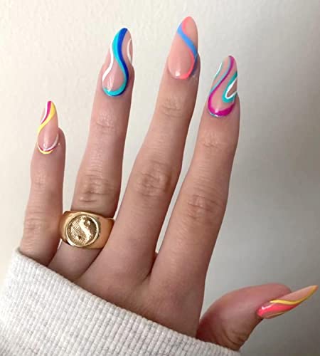 Kikmoya bademov pritisnite na noktima srednje dužine ružičaste lažne nokte s šarenim vrtložnim dizajnom štapića na noktima za žene