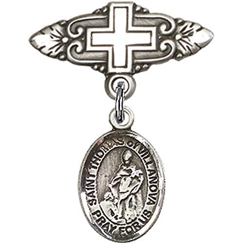 Dječja značka od čistog srebra s amuletom Svetog Tome Villanovskog i pribadačom s križnom značkom od 1 do 3/4 inča