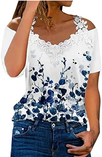 Ženske trendovske majice hladne ramena V obrezivanje košulje od čipke cvjetni/čvrsti print kratki rukavi vrhovi 2023 Ljetne bluze