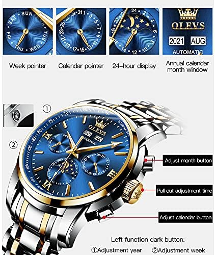 Automatski Muški satovi od nehrđajućeg čelika mehanički automatski namotani luksuzna haljina Mjesečeva faza Vodootporni ručni sat s