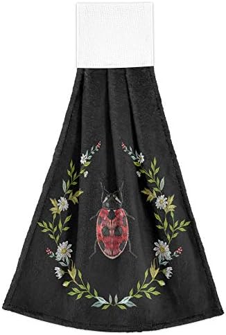 Yyzzh vez za okrugli cvjetni vijenac Daisy Ladybug modni ukras cvjetovi lišće na crnoj kuhinjskoj ručnici s kukom i petljom set od
